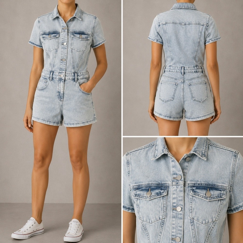 Denim Romper Size S Light Wash Short Sleeve Button Front Utility Playsuit